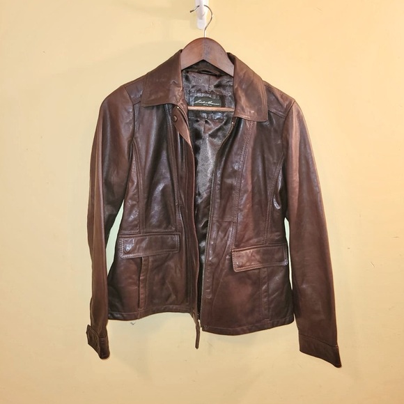 Eddie Bauer Womens Jacket Size Small Brown Lamb Leather Very Soft Full Zip - Picture 1 of 7
